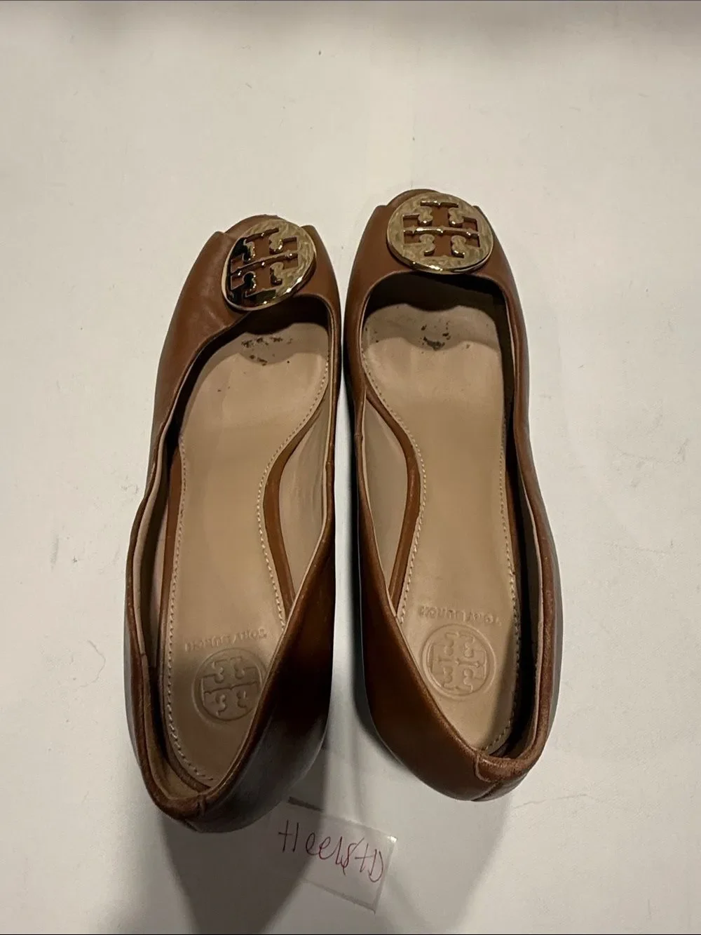 Tory Burch Tan Leather Peep-Toe Flats with Gold Logo